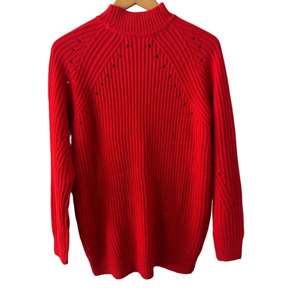 Vero Moda Sweater Women XS Red Knit Holiday Mock Neck Eyelet Oversized Minimal - Picture 2 of 5